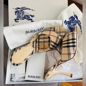 NWT【Burberry】Mews 90MM Check Linen-Blend Mules